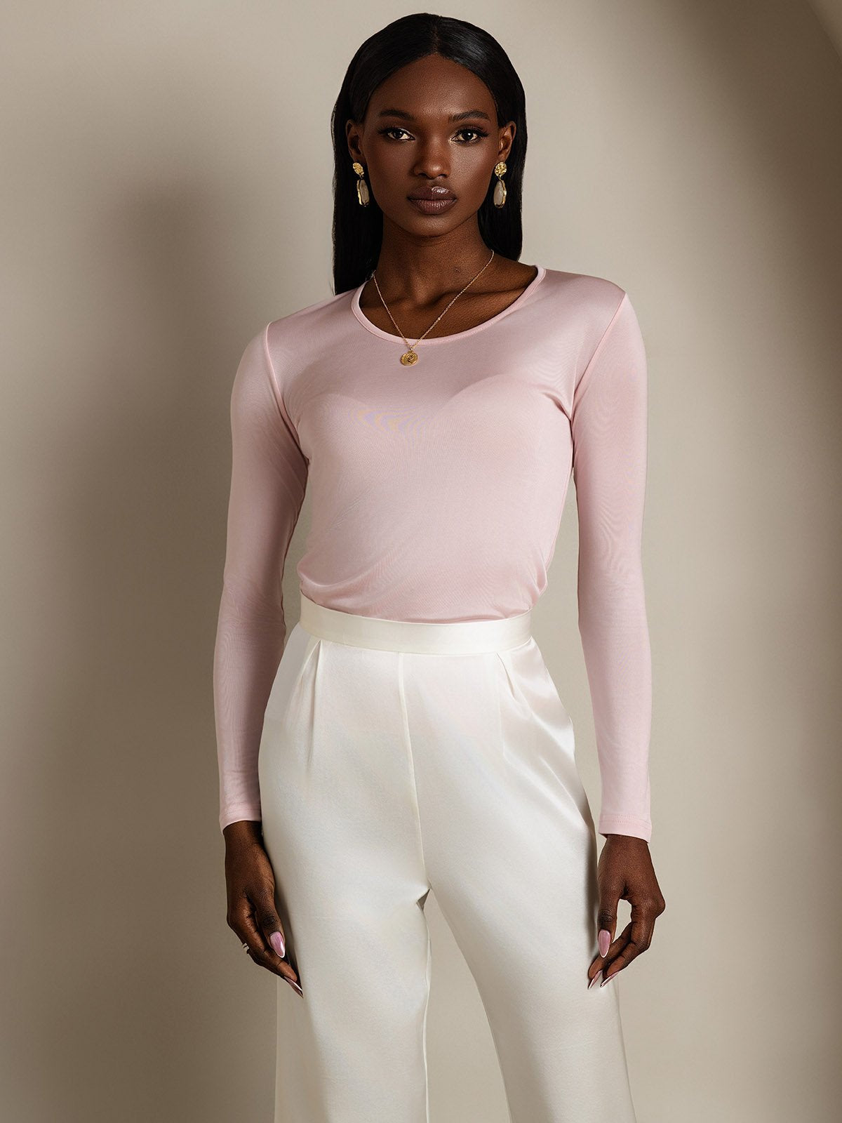 [Coral Pink] SilkSilky-CA Silk Long Sleeve Round Neck Women's T-Shirt 001