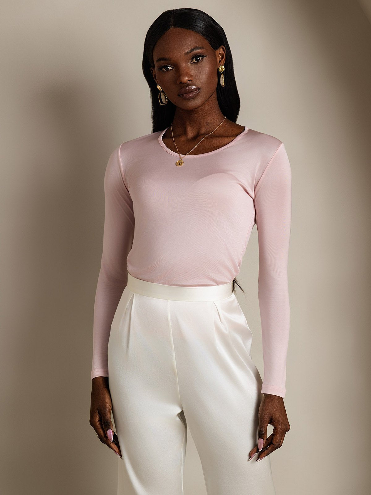 [Coral Pink] SilkSilky-CA Silk Long Sleeve Round Neck Women's T-Shirt 003