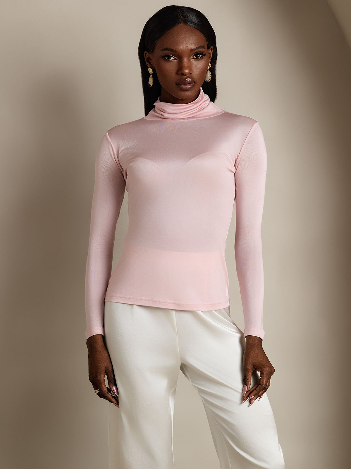 [Coral Pink] SilkSilky-CA Silk Long Sleeve Womens T-Shirt 001