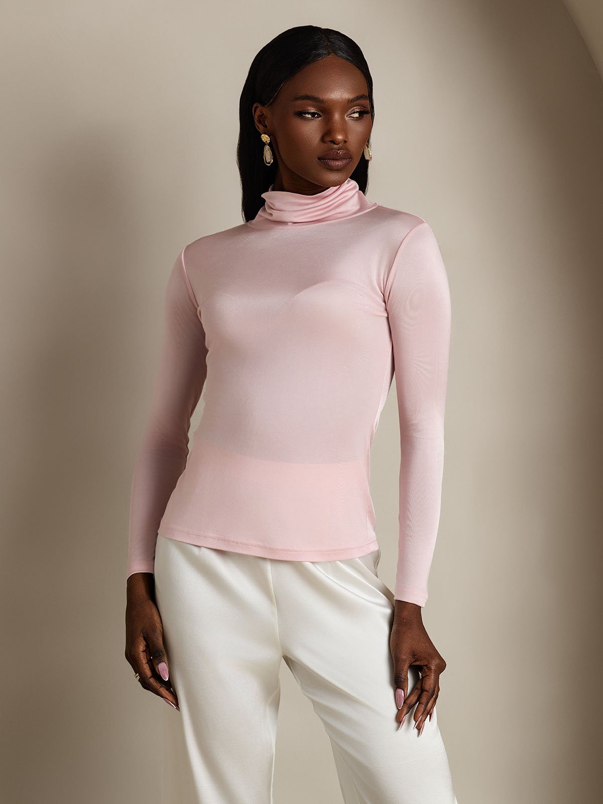 [Coral Pink] SilkSilky-CA Silk Long Sleeve Womens T-Shirt 002