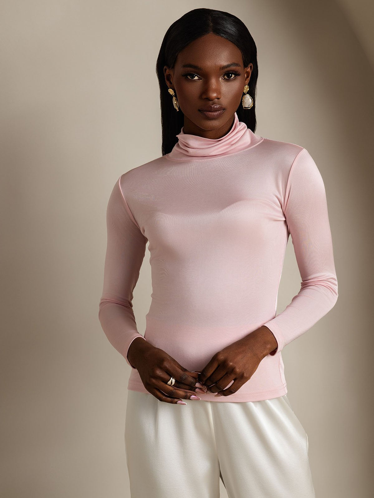 [Coral Pink] SilkSilky-CA Silk Long Sleeve Womens T-Shirt 003
