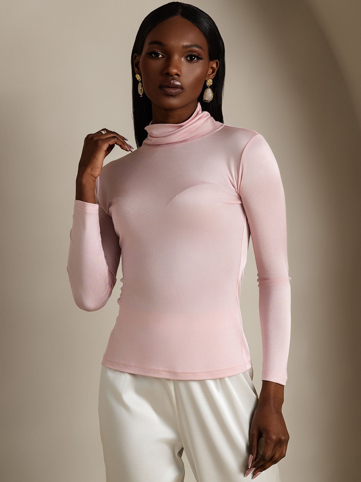 [Coral Pink] SilkSilky-CA Silk Long Sleeve Womens T-Shirt 004