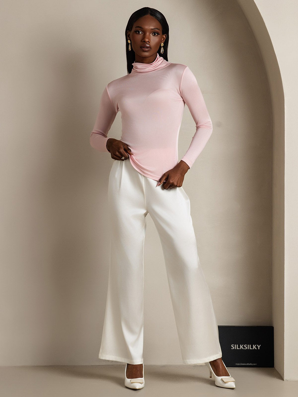 [Coral Pink] SilkSilky-CA Silk Long Sleeve Womens T-Shirt 005