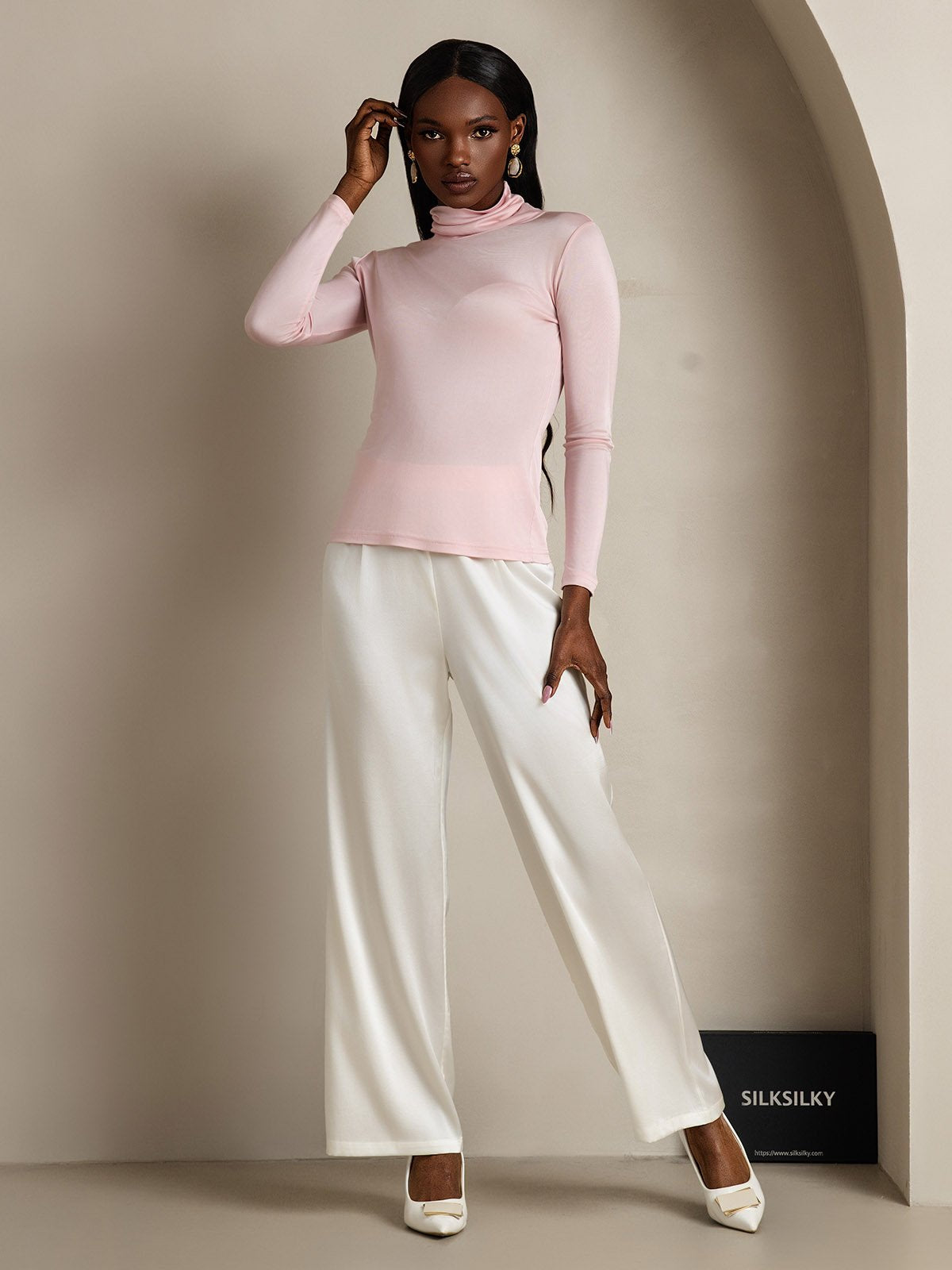 [Coral Pink] SilkSilky-CA Silk Long Sleeve Womens T-Shirt 006