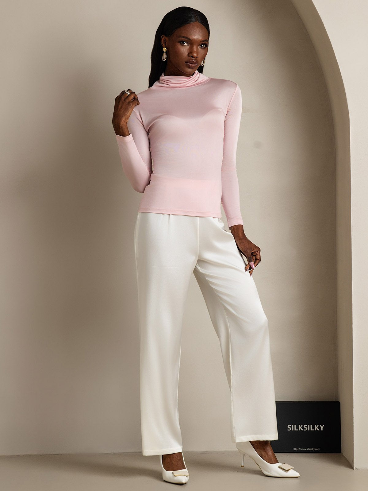 [Coral Pink] SilkSilky-CA Silk Long Sleeve Womens T-Shirt 007