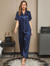 [Dark Blue] SilkSilky-CA Short Sleeve Lapel Collar Women's Pajamas 001