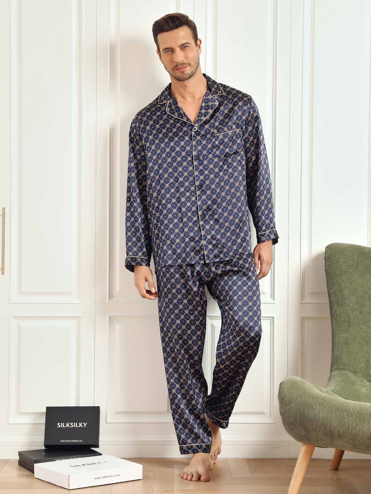[Dark Blue] SilkSilky-CA 19Momme Pure Silk Long Sleeve Lapel Men's Pajamas 002