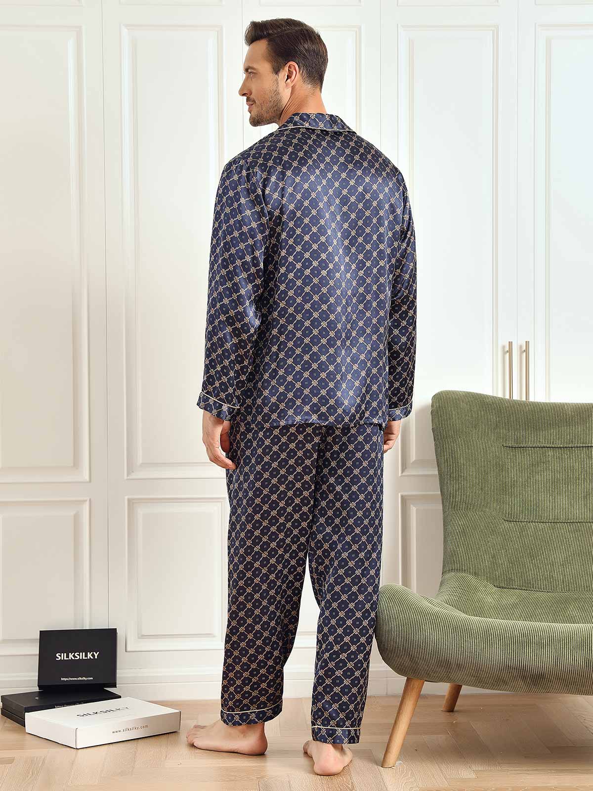 [Dark Blue] SilkSilky-CA 19Momme Pure Silk Long Sleeve Lapel Men's Pajamas 003