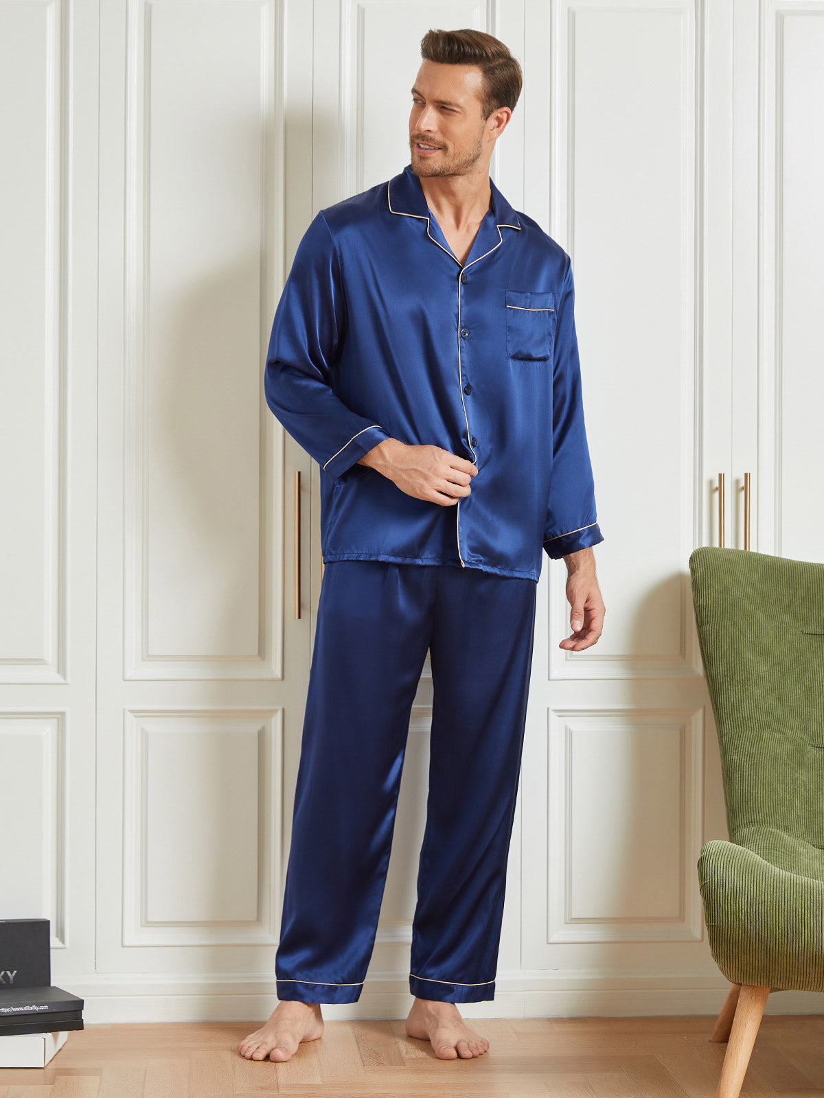 [Dark Blue] SilkSilky-CA 19Momme Pure Silk Long Sleeve Lapel Men's Pajamas 003