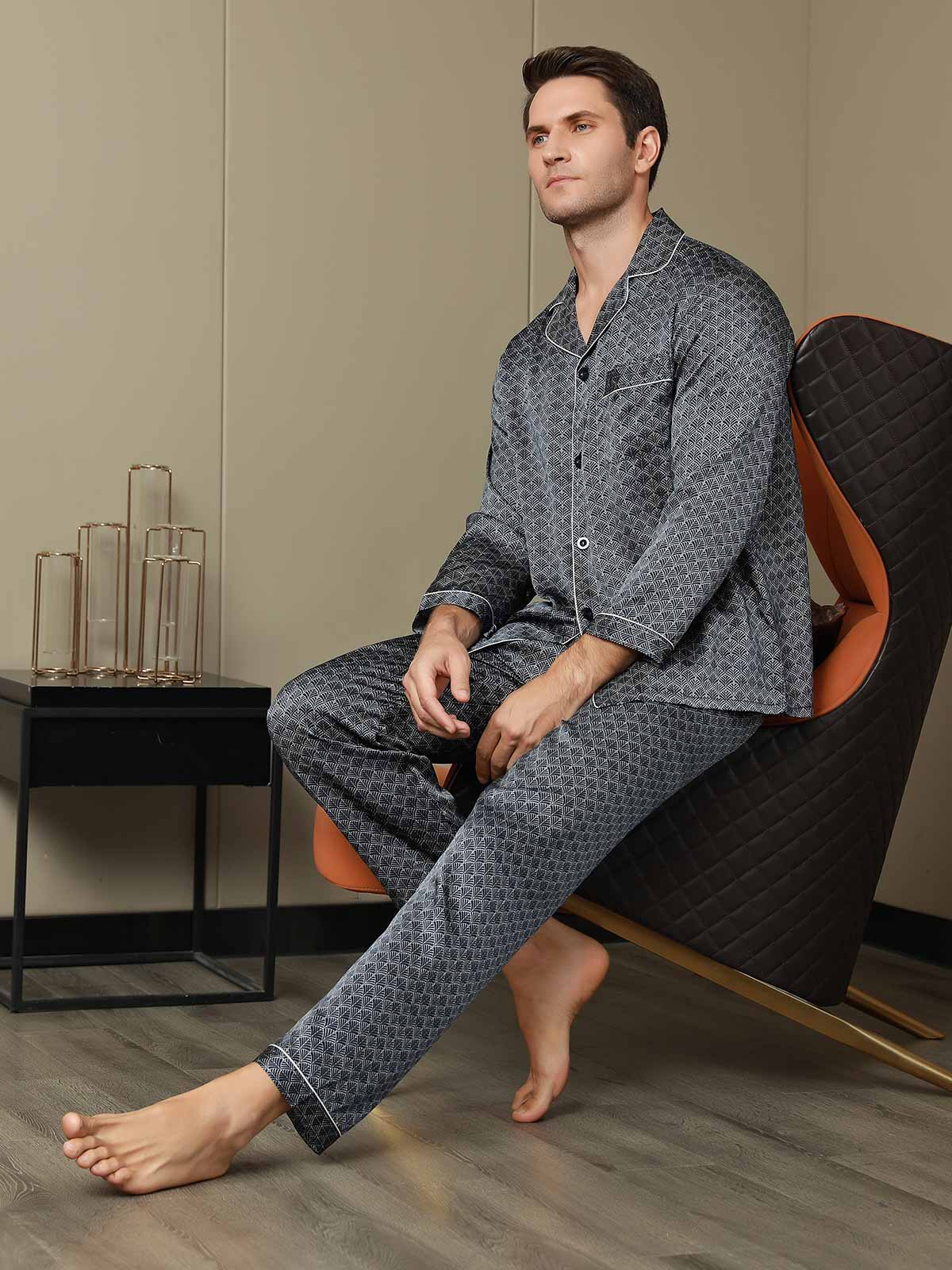 [Dark Blue] SilkSilky-CA 19Momme Pure Silk Long Sleeve Lapel Men's Pajamas 003