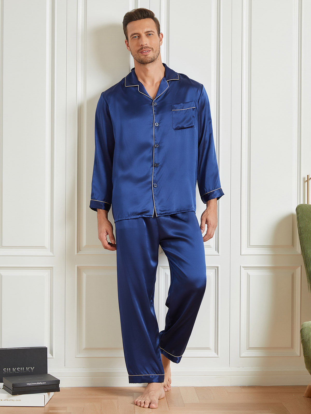 [Dark Blue] SilkSilky-CA 19Momme Pure Silk Long Sleeve Lapel Men's Pajamas 004