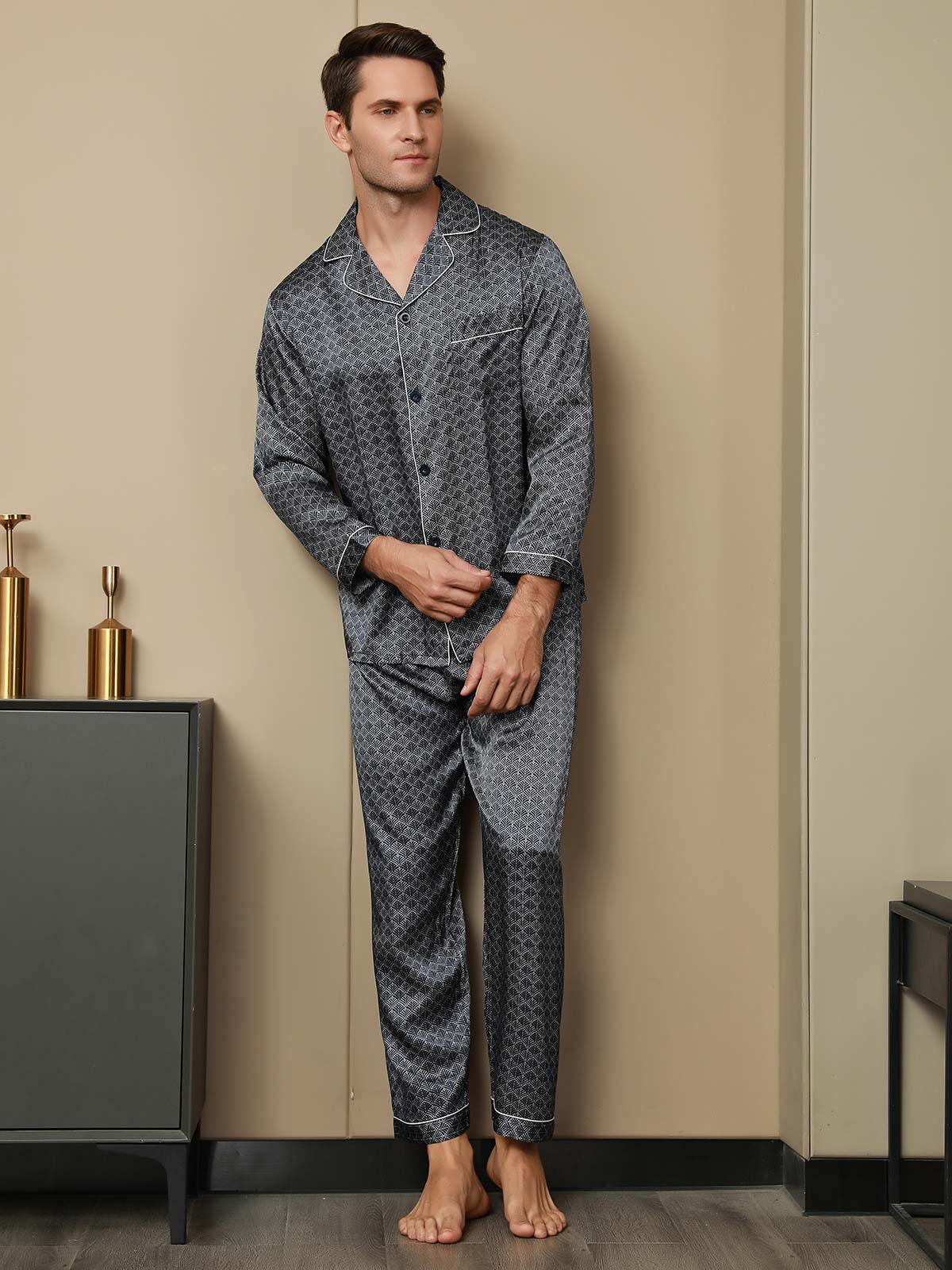 [Dark Blue] SilkSilky-CA 19Momme Pure Silk Long Sleeve Lapel Men's Pajamas 004