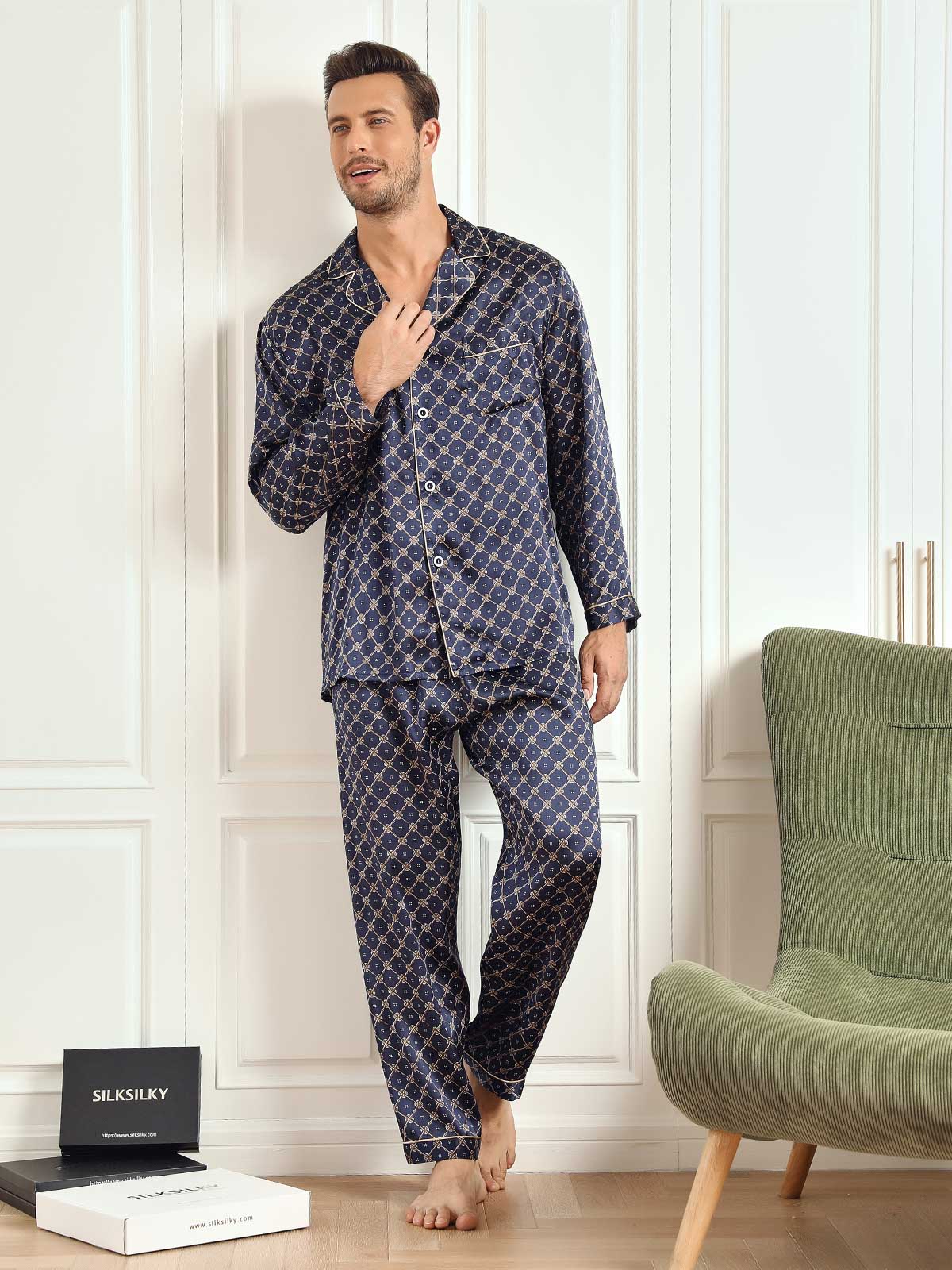 [Dark Blue] SilkSilky-CA 19Momme Pure Silk Long Sleeve Lapel Men's Pajamas 005