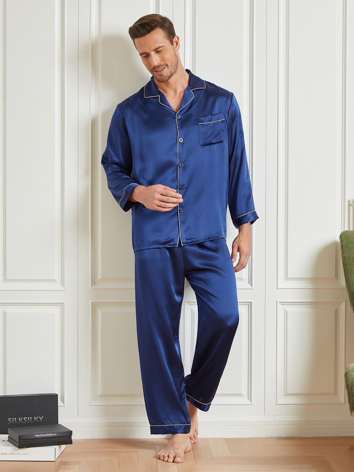 [Dark Blue] SilkSilky-CA 19Momme Pure Silk Long Sleeve Lapel Men's Pajamas 005