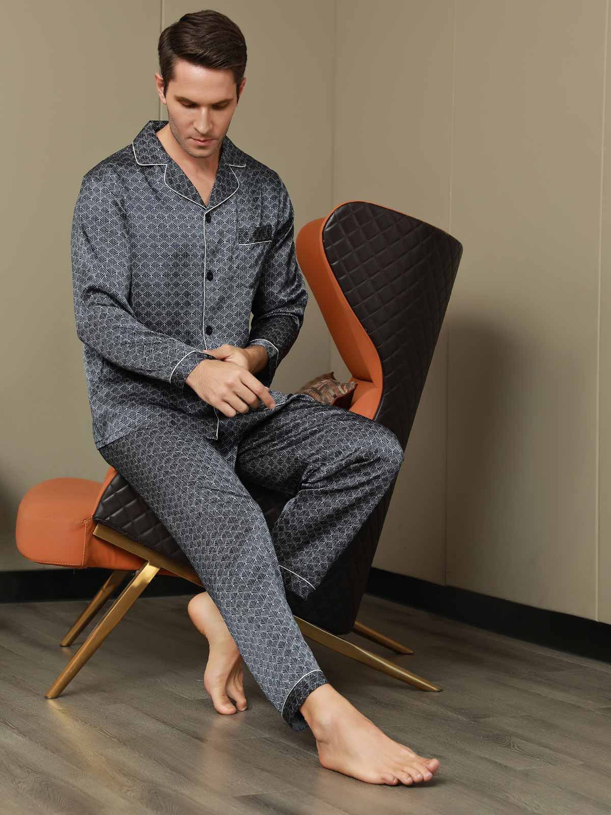[Dark Blue] SilkSilky-CA 19Momme Pure Silk Long Sleeve Lapel Men's Pajamas 006