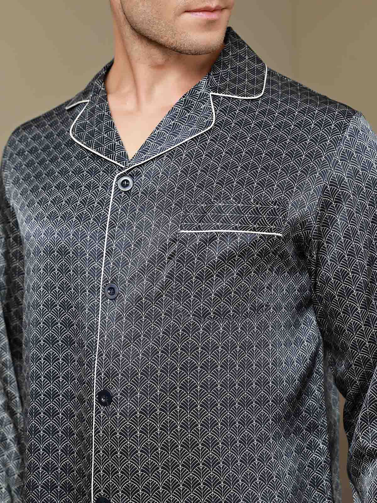 [Dark Blue] SilkSilky-CA 19Momme Pure Silk Long Sleeve Lapel Men's Pajamas 009