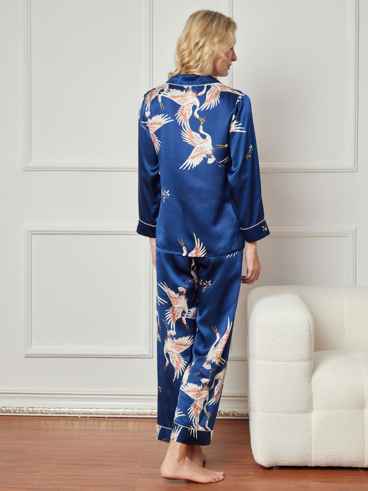 [Dark Blue] SilkSilky-CA 19Momme Pure Silk Long Sleeve Lapel Women's Pajamas 002