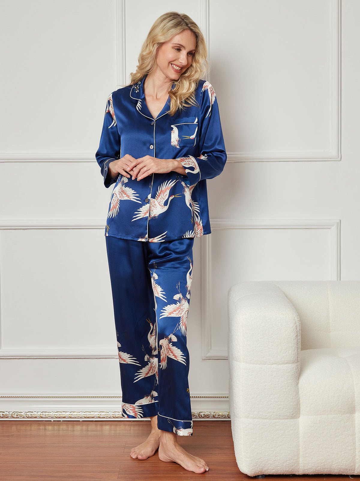 [Dark Blue] SilkSilky-CA 19Momme Pure Silk Long Sleeve Lapel Women's Pajamas 004