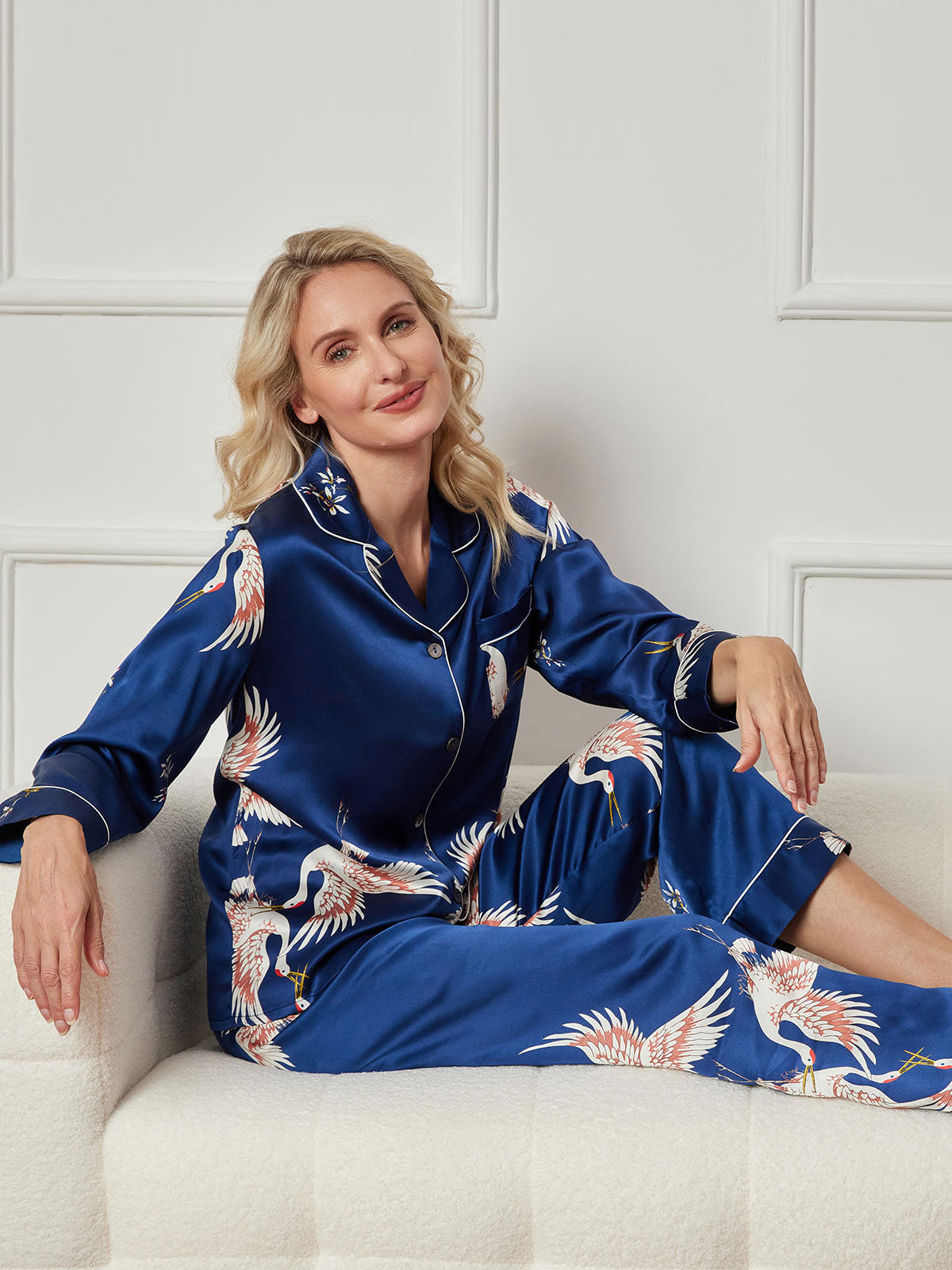 [Dark Blue] SilkSilky-CA 19Momme Pure Silk Long Sleeve Lapel Women's Pajamas 006