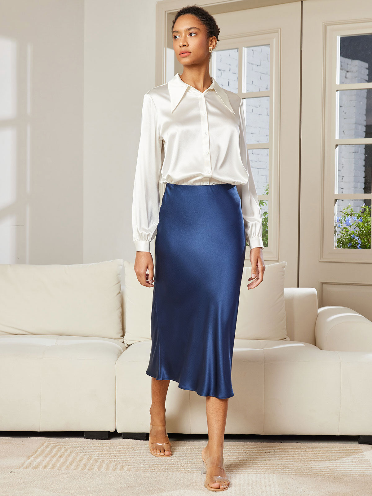 [Dark Blue] SilkSilky-CA 19Momme Pure Silk Skirt 005