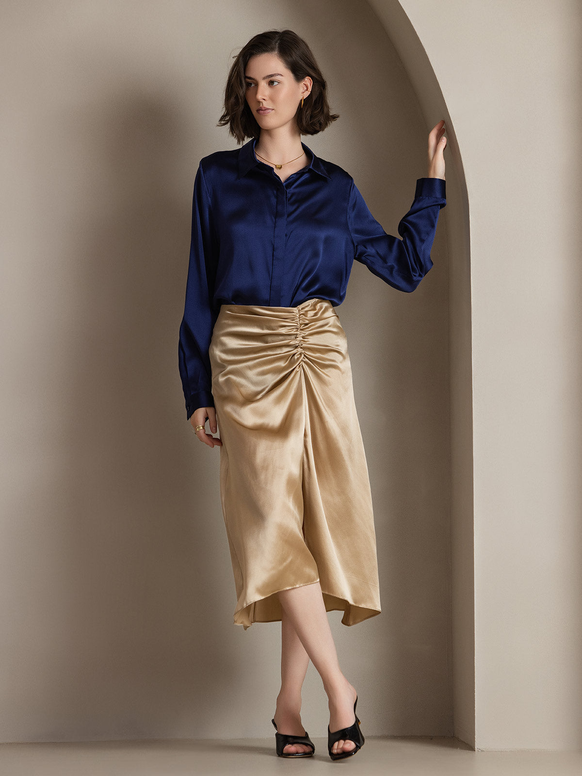 [Dark Blue] SilkSilky-CA 19Momme Silk Lapel Collar Women's Shirt 001