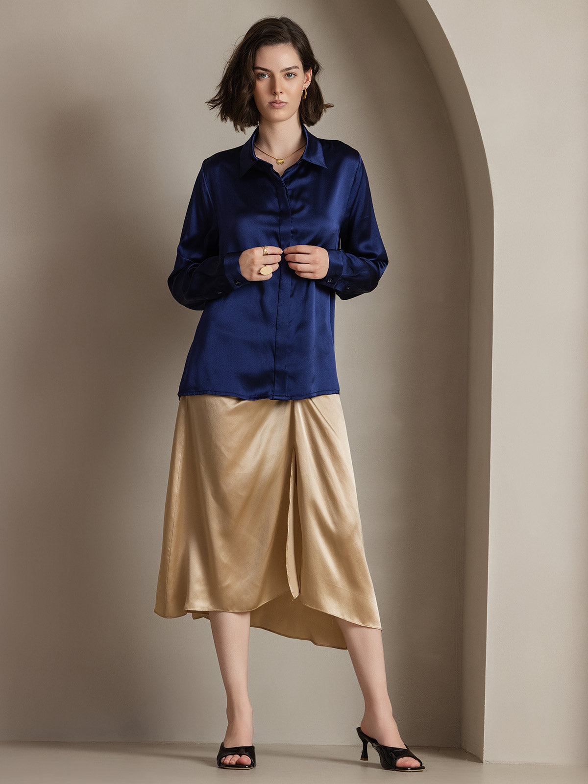 [Dark Blue] SilkSilky-CA 19Momme Silk Lapel Collar Women's Shirt 003