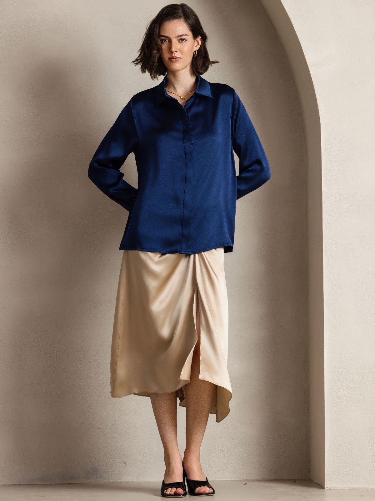 [Dark Blue] SilkSilky-CA 19Momme Silk Lapel Collar Women's Shirt 004
