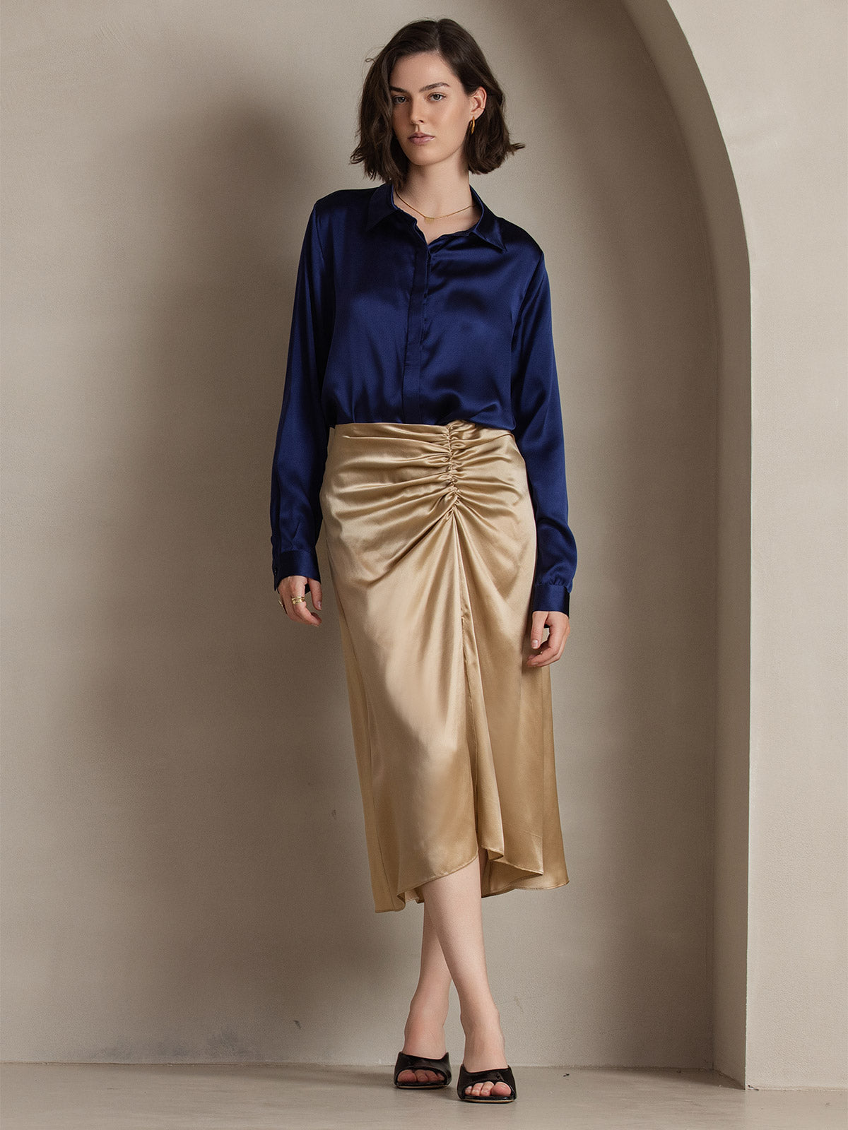 [Dark Blue] SilkSilky-CA 19Momme Silk Lapel Collar Women's Shirt 004