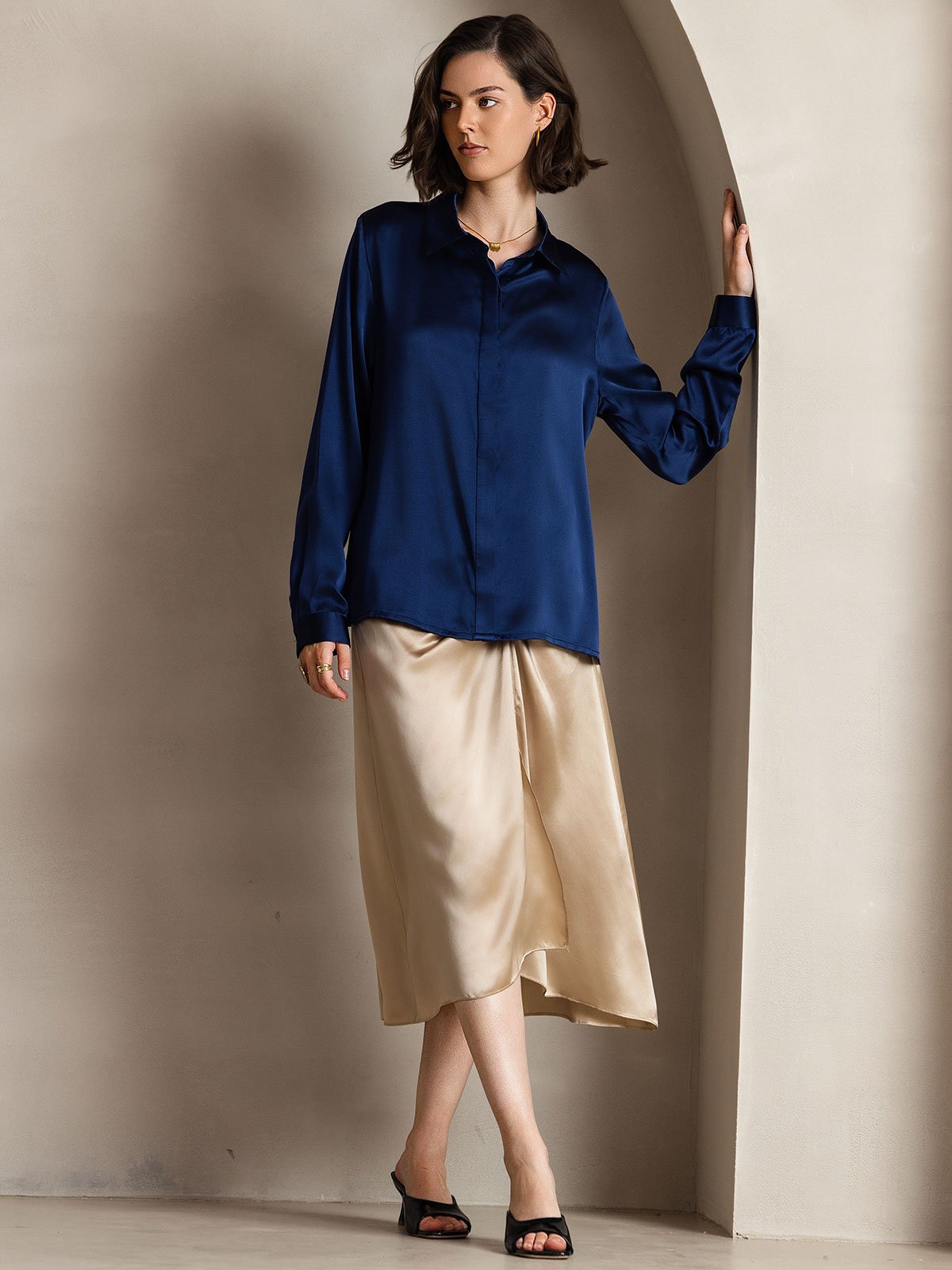 [Dark Blue] SilkSilky-CA 19Momme Silk Lapel Collar Women's Shirt 005