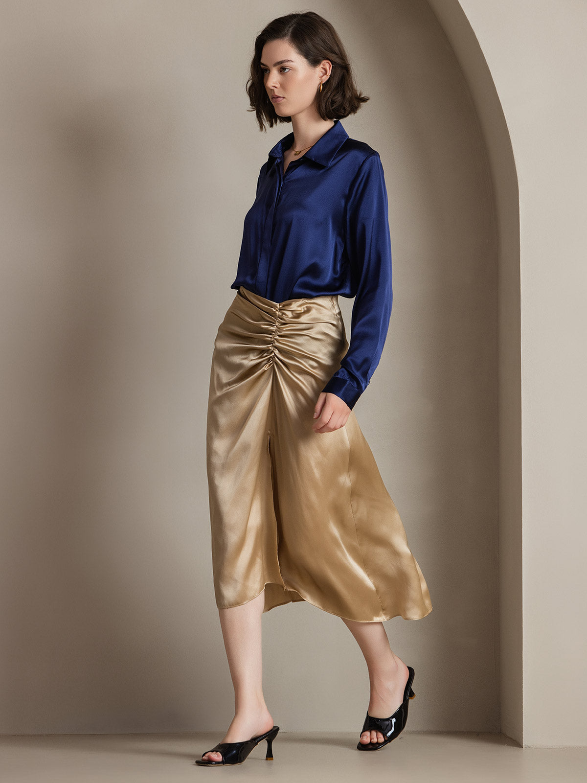 [Dark Blue] SilkSilky-CA 19Momme Silk Lapel Collar Women's Shirt 005