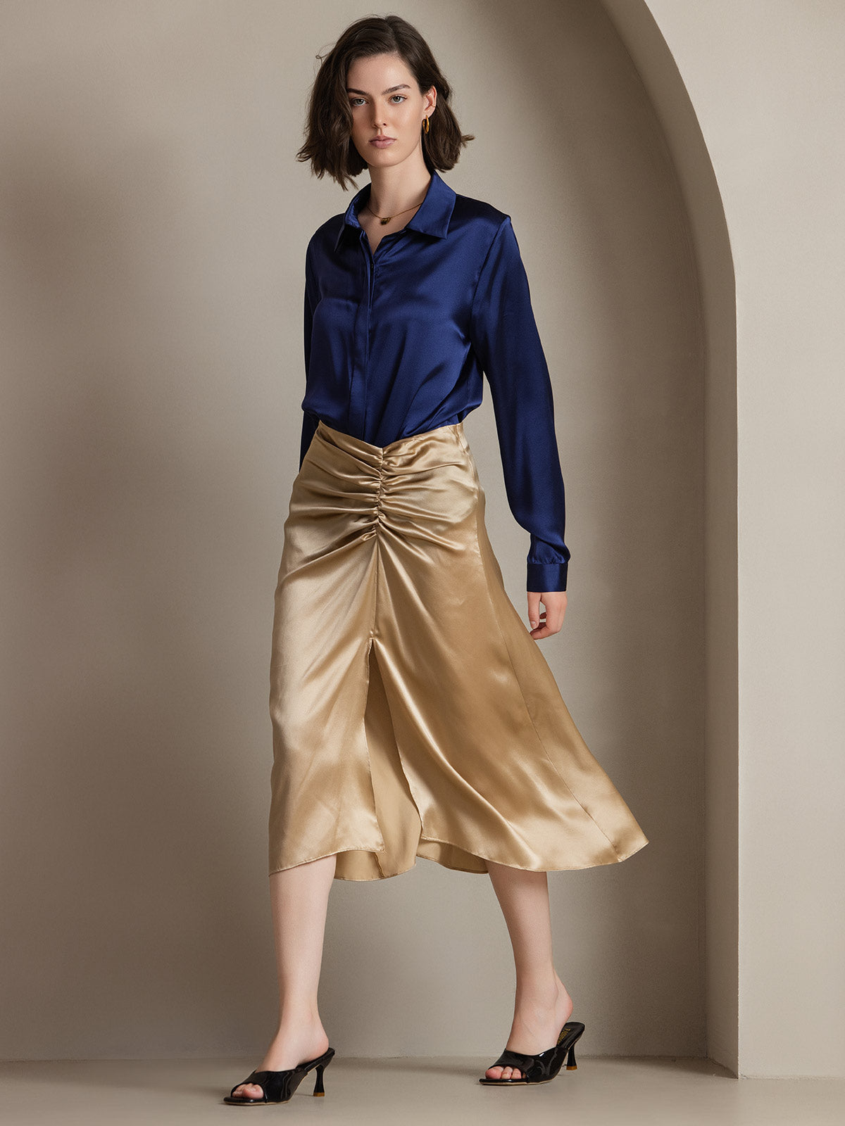 [Dark Blue] SilkSilky-CA 19Momme Silk Lapel Collar Women's Shirt 006
