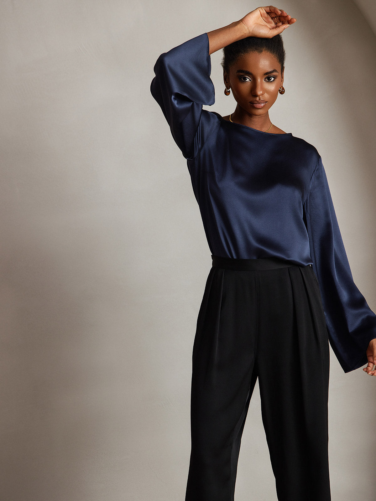 [Dark Blue] SilkSilky-CA 19Momme Silk Long Sleeve Round Neck Women's T-Shirt 005
