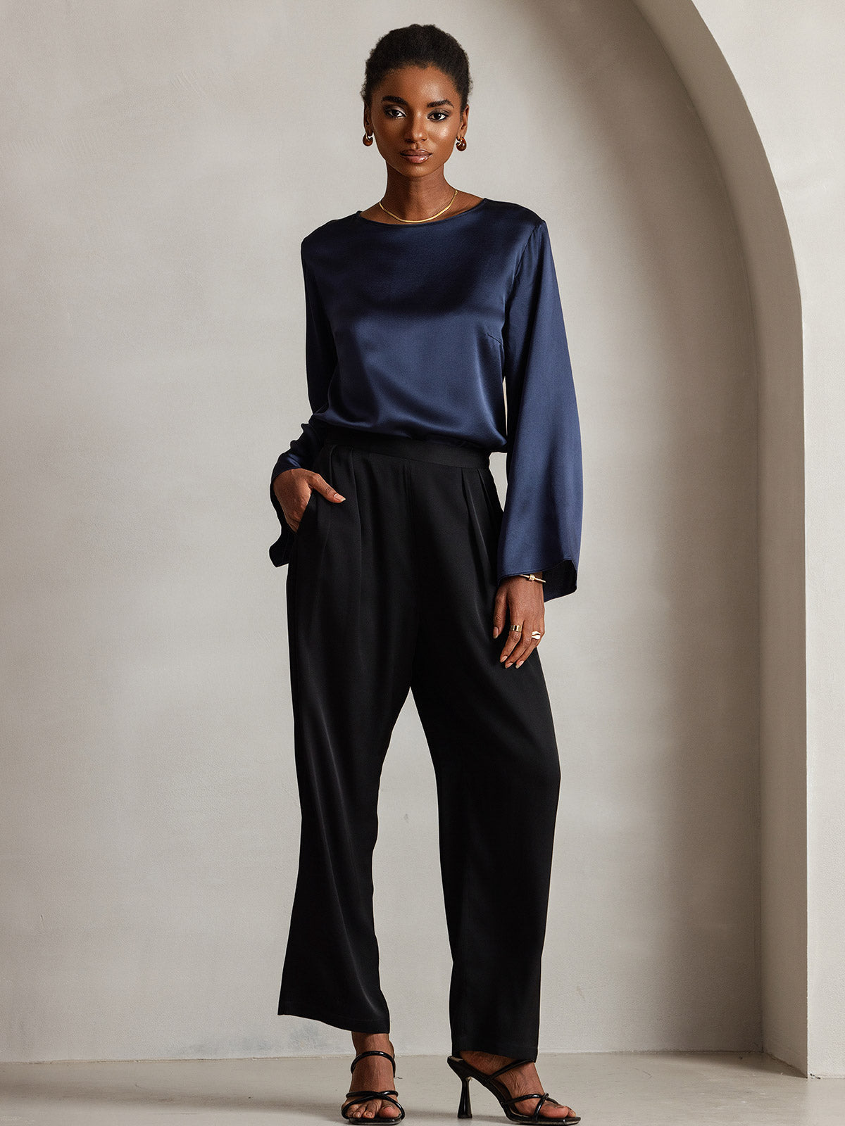 [Dark Blue] SilkSilky-CA 19Momme Silk Long Sleeve Round Neck Women's T-Shirt 007
