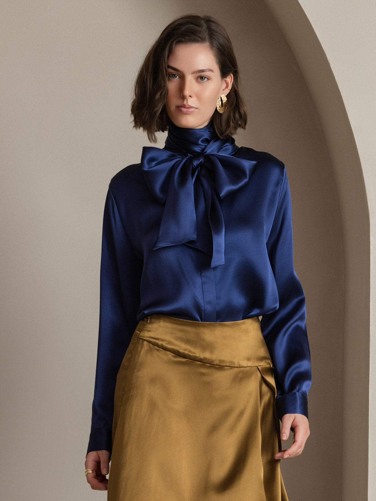 [Dark Blue] SilkSilky-CA 19Momme Silk Long Sleeve Tie Neck Women's Shirt 001