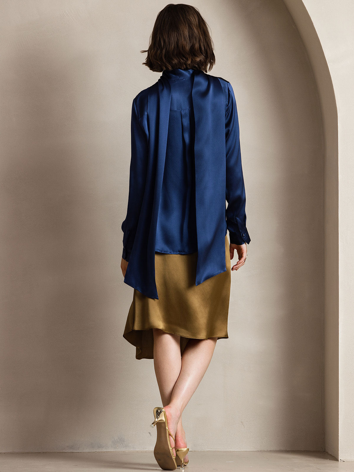 [Dark Blue] SilkSilky-CA 19Momme Silk Long Sleeve Tie Neck Women's Shirt 002