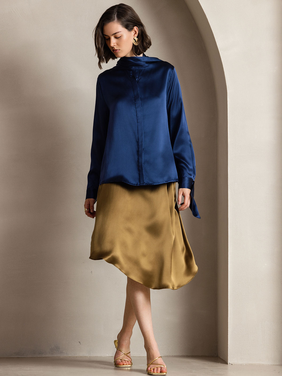 [Dark Blue] SilkSilky-CA 19Momme Silk Long Sleeve Tie Neck Women's Shirt 003