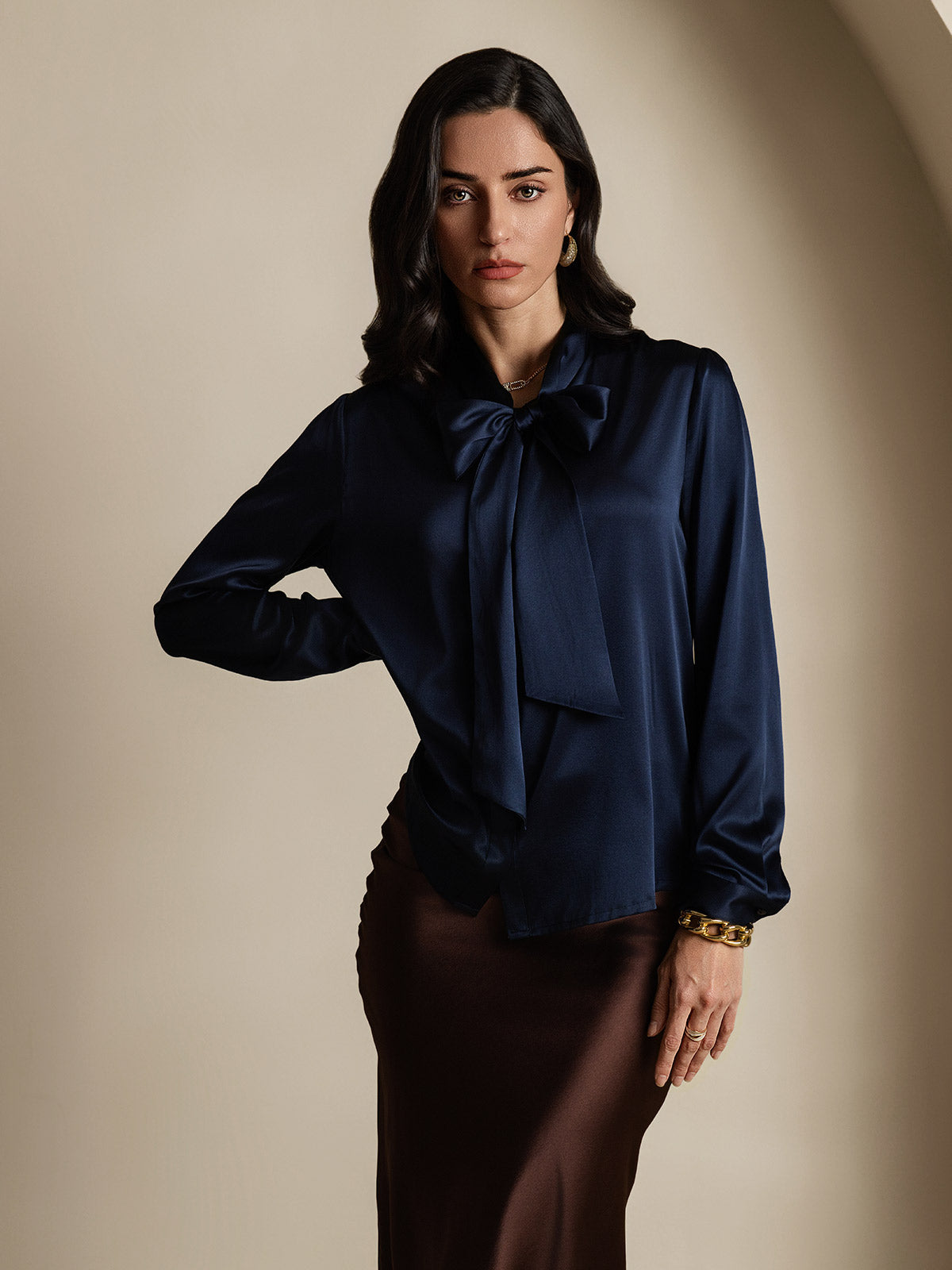 [Dark Blue] SilkSilky-CA 19Momme Silk Long Sleeve Tie Neck Women's Shirt 003
