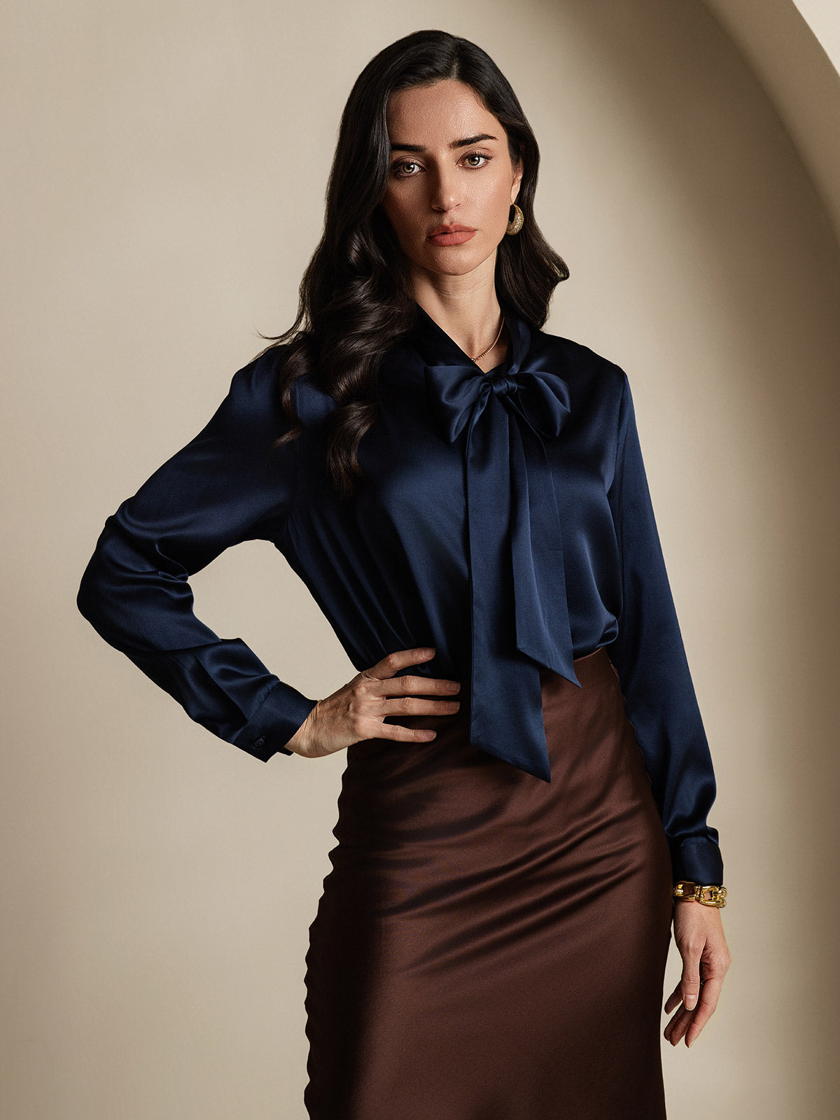[Dark Blue] SilkSilky-CA 19Momme Silk Long Sleeve Tie Neck Women's Shirt 004
