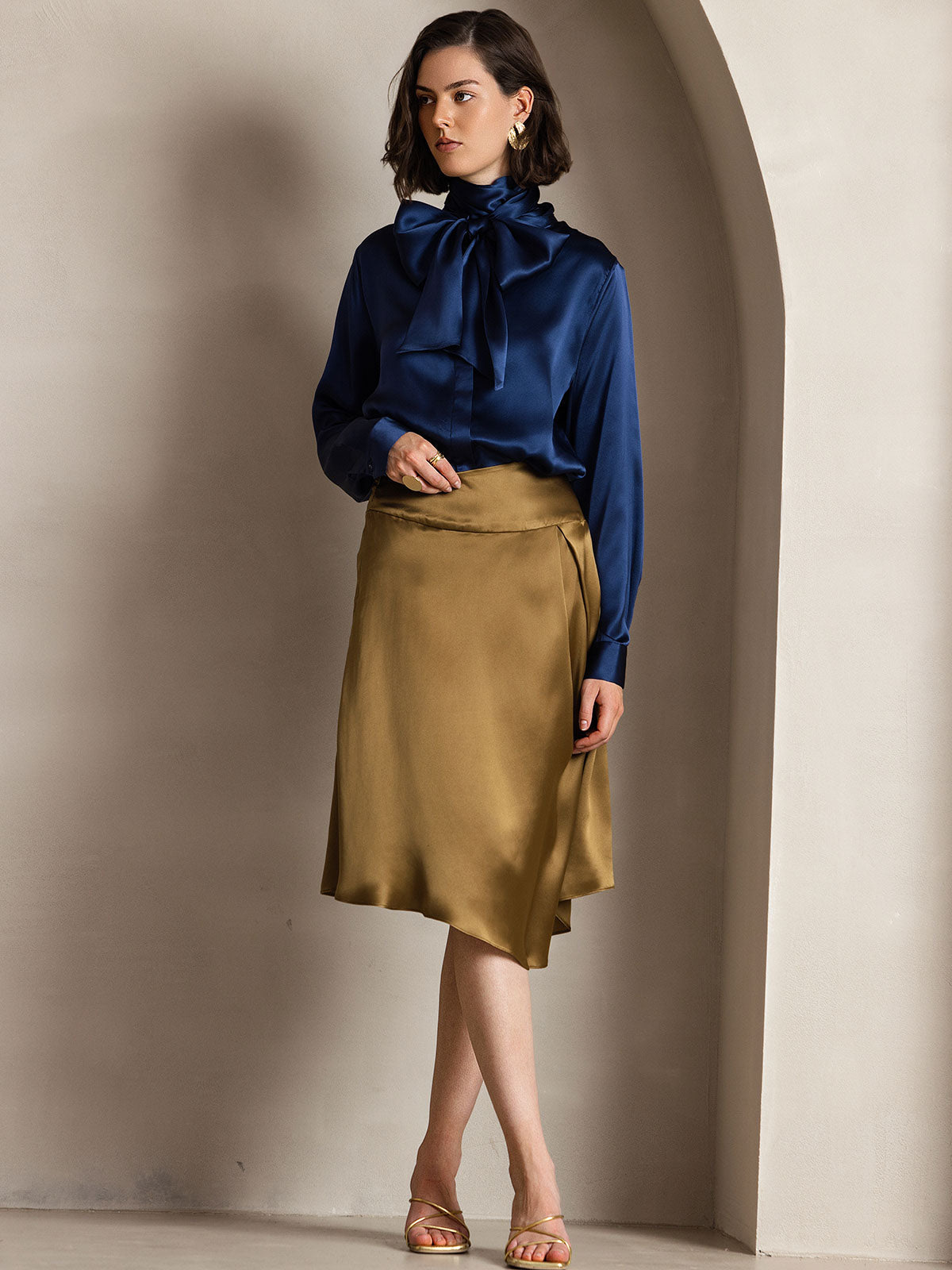[Dark Blue] SilkSilky-CA 19Momme Silk Long Sleeve Tie Neck Women's Shirt 005