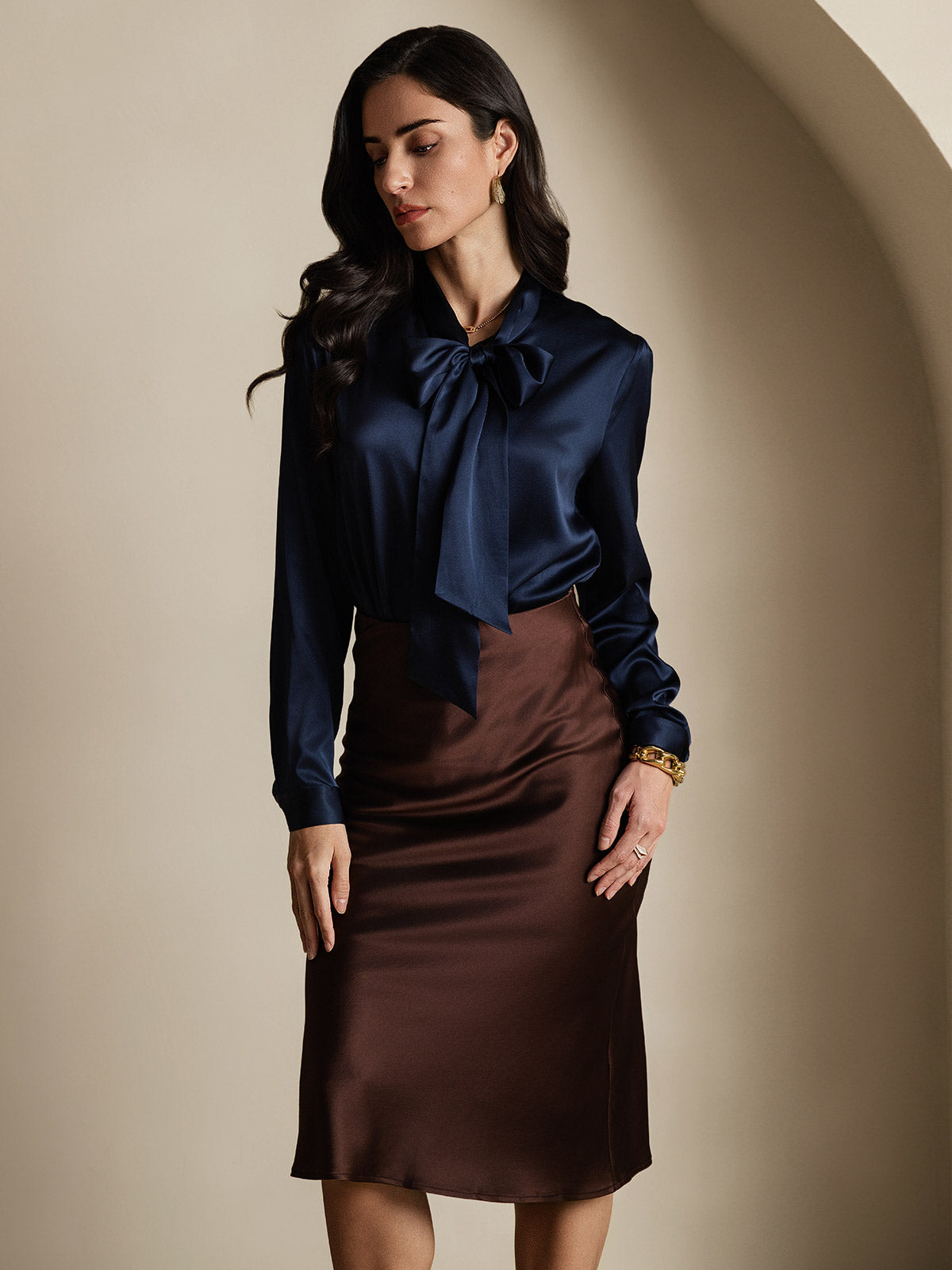 [Dark Blue] SilkSilky-CA 19Momme Silk Long Sleeve Tie Neck Women's Shirt 005