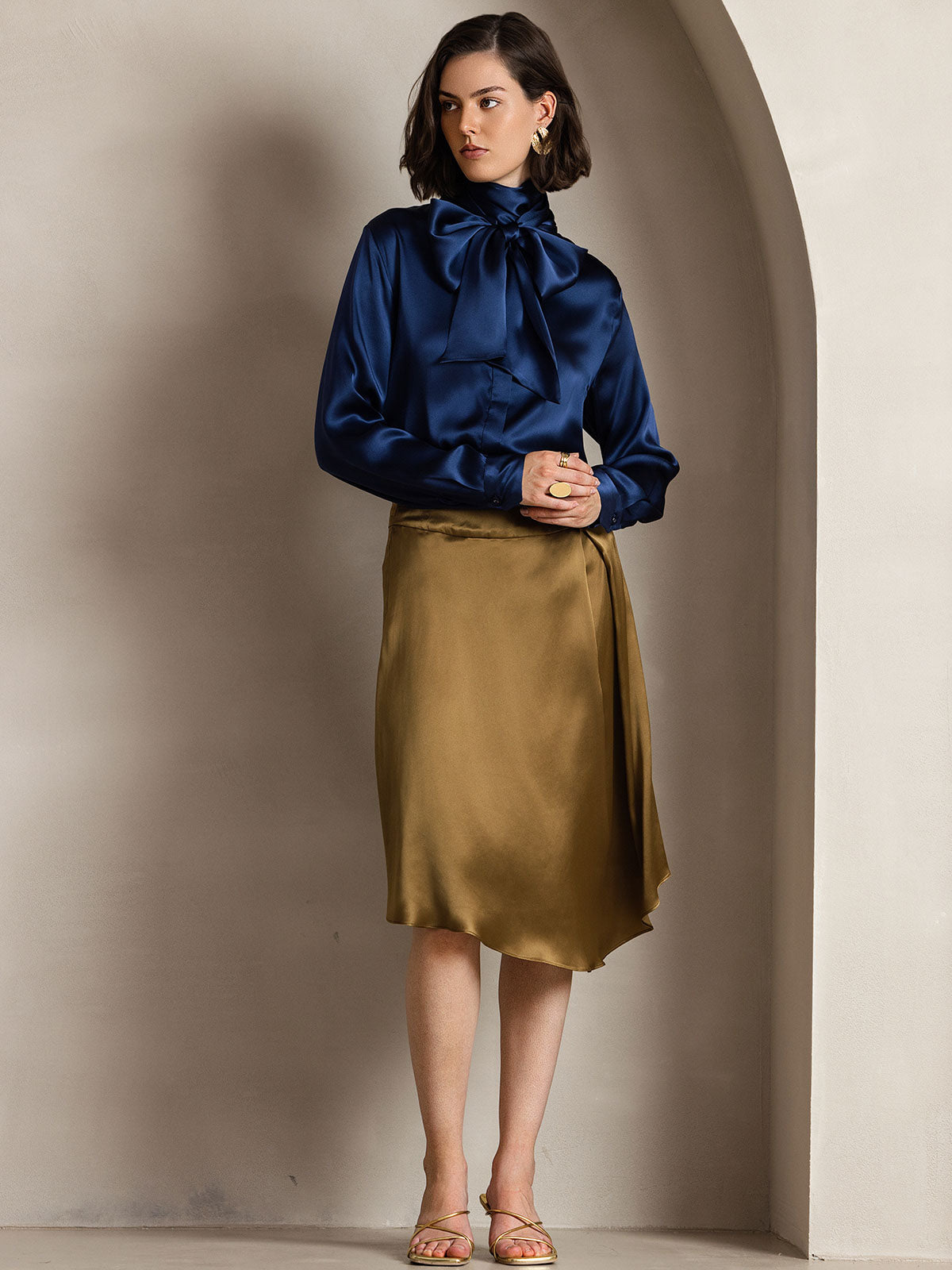 [Dark Blue] SilkSilky-CA 19Momme Silk Long Sleeve Tie Neck Women's Shirt 006