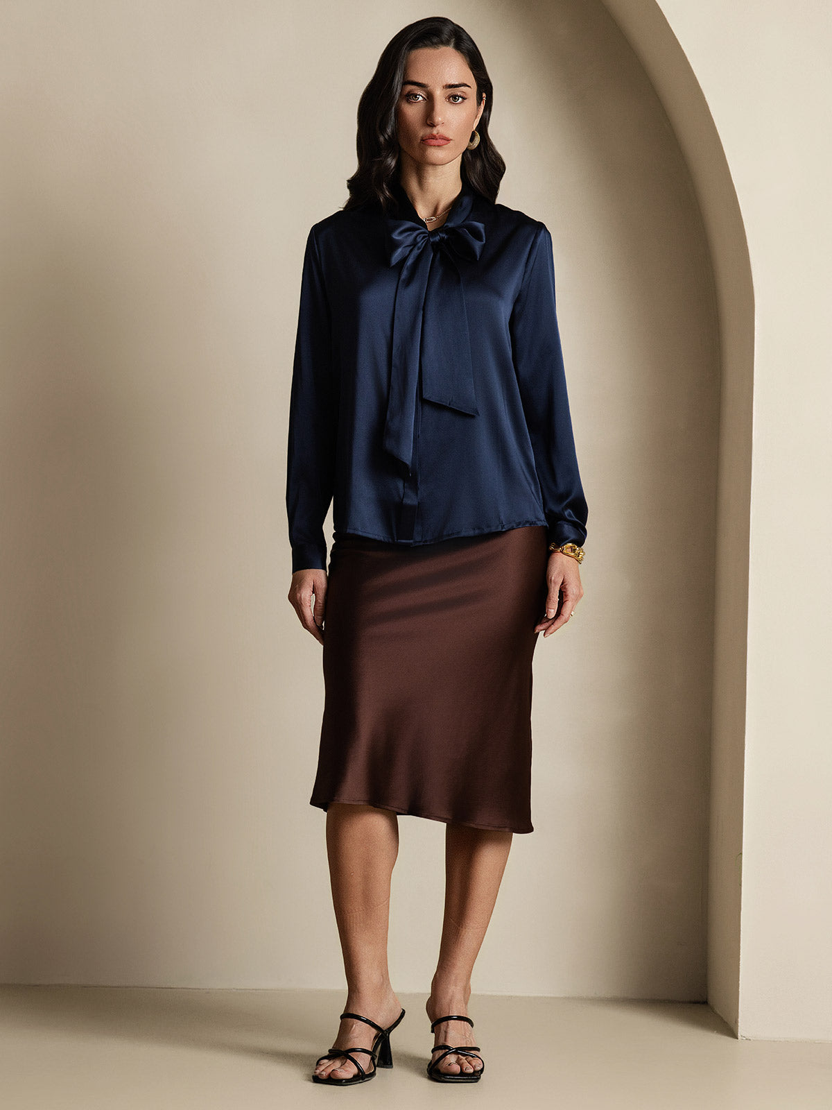 [Dark Blue] SilkSilky-CA 19Momme Silk Long Sleeve Tie Neck Women's Shirt 006