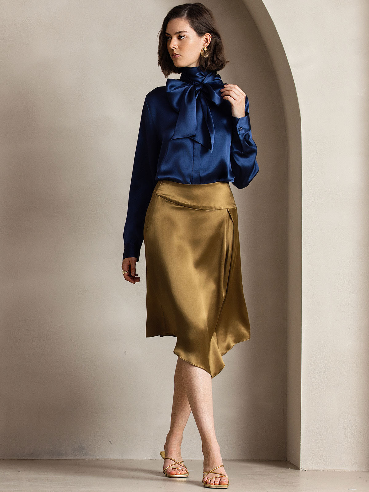 [Dark Blue] SilkSilky-CA 19Momme Silk Long Sleeve Tie Neck Women's Shirt 007