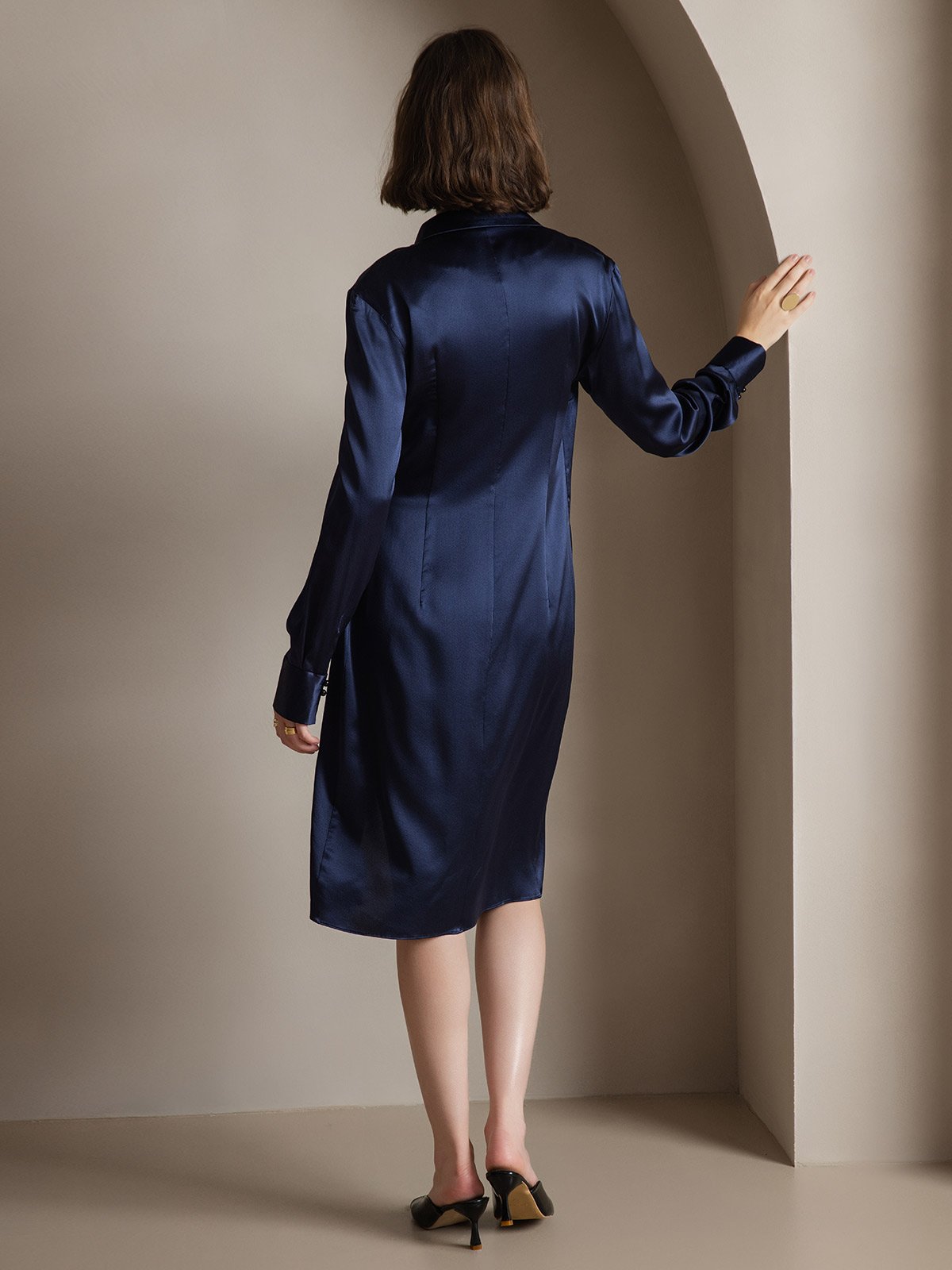 [Dark Blue] SilkSilky-CA 19Momme Silk Long Sleeve V Neck Dress 002
