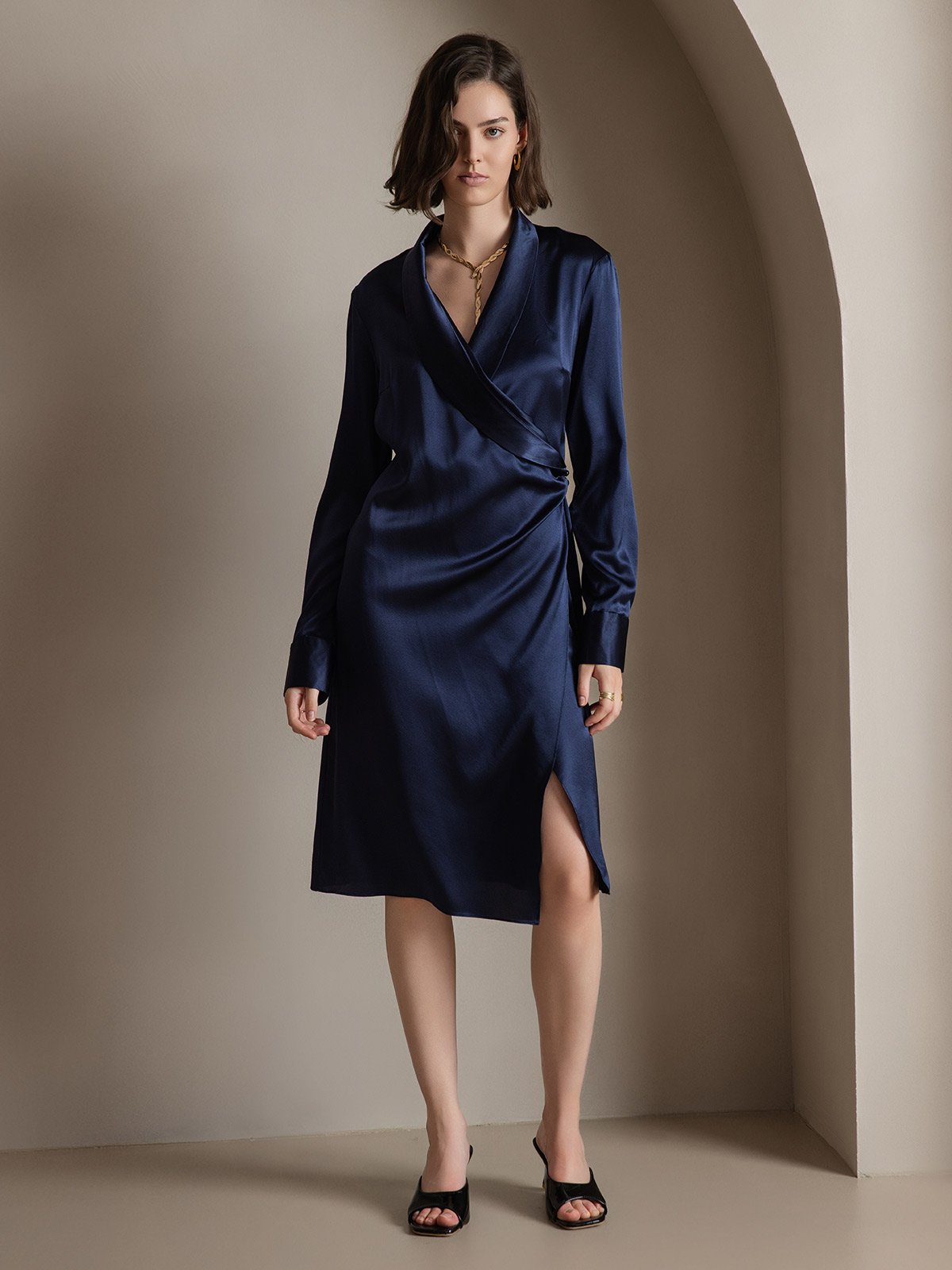[Dark Blue] SilkSilky-CA 19Momme Silk Long Sleeve V Neck Dress 003