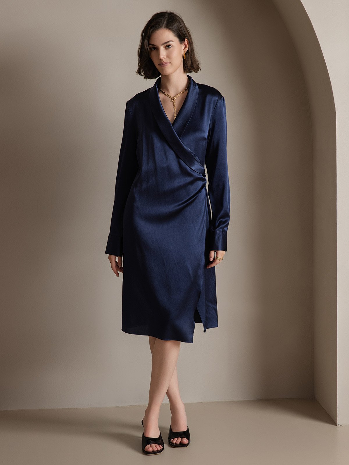 [Dark Blue] SilkSilky-CA 19Momme Silk Long Sleeve V Neck Dress 004