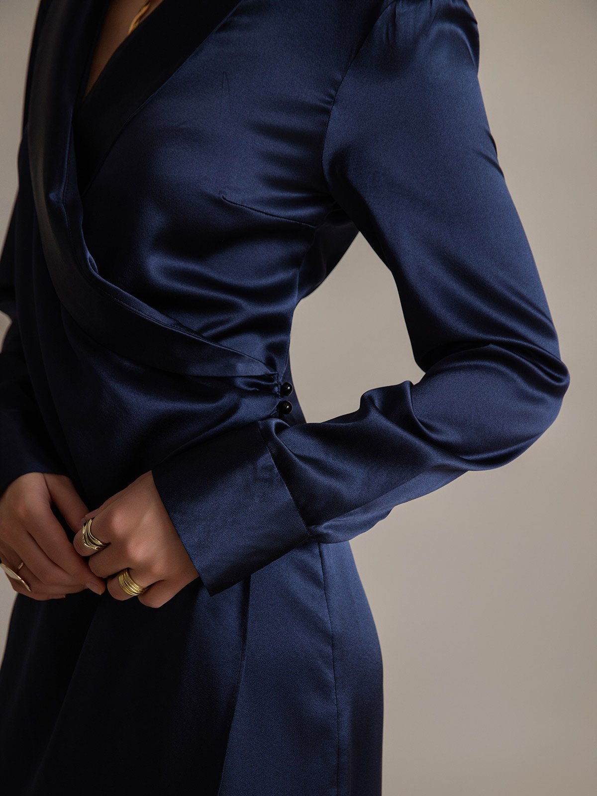 [Dark Blue] SilkSilky-CA 19Momme Silk Long Sleeve V Neck Dress 007