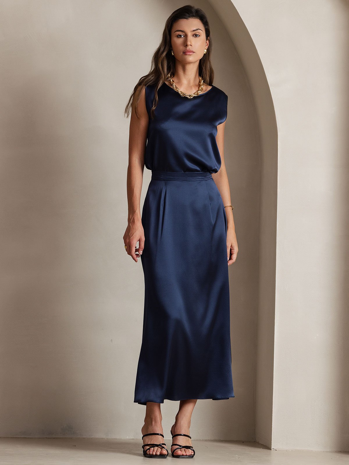 [Dark Blue] SilkSilky-CA 19Momme Silk Skirt 006