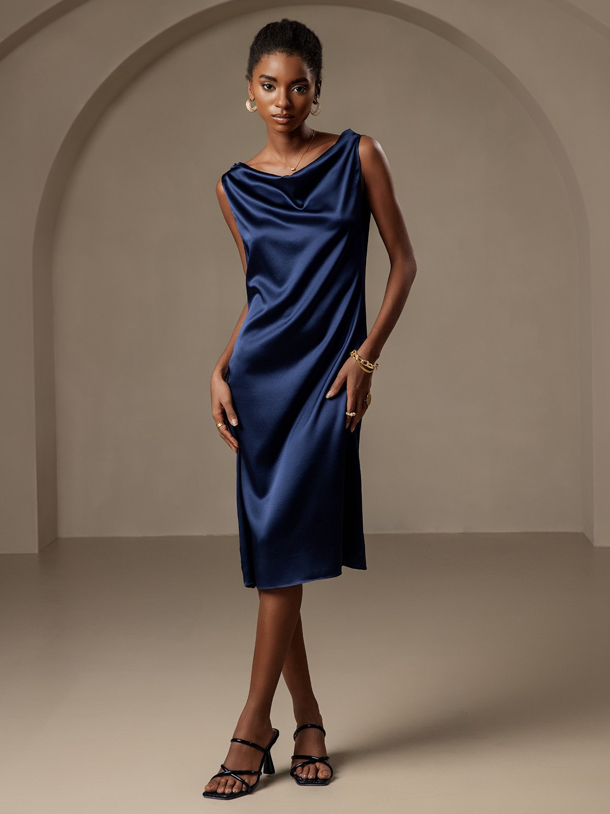 [Dark Blue] SilkSilky-CA 19Momme Silk Sleeveless Cowl Neck Dress 001