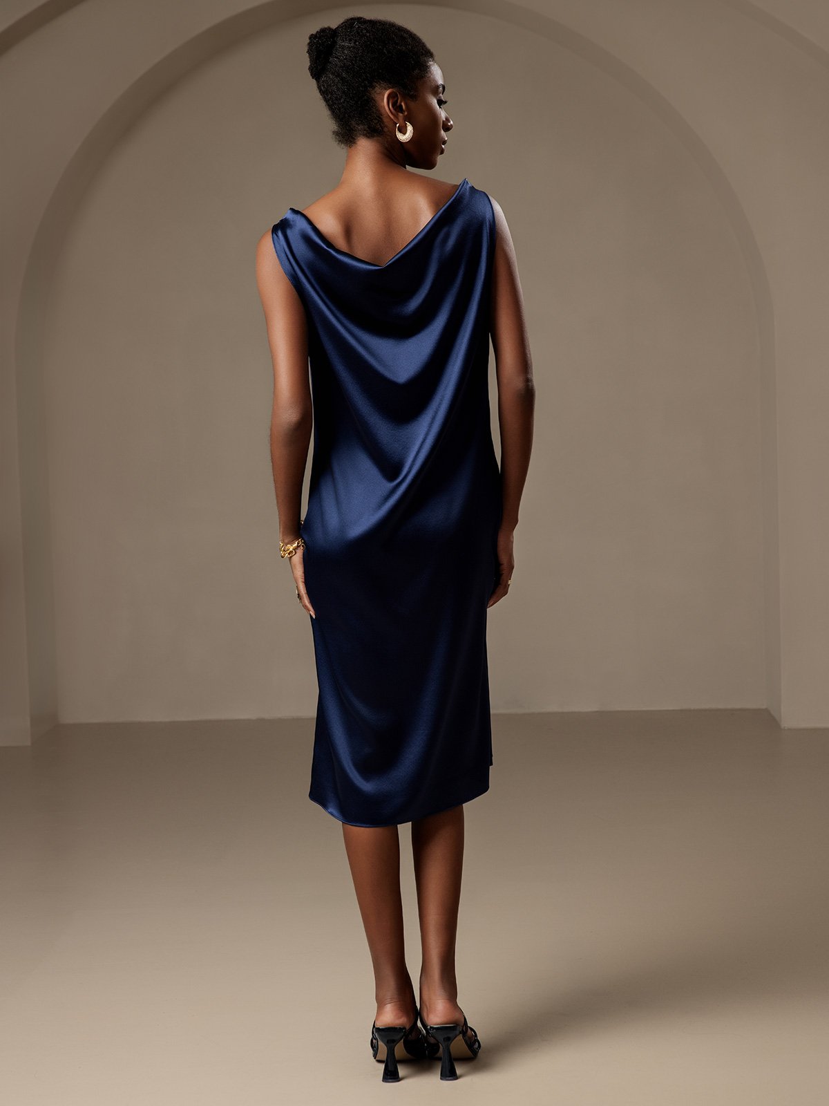 [Dark Blue] SilkSilky-CA 19Momme Silk Sleeveless Cowl Neck Dress 002
